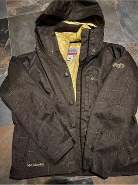 Columbia Women's Brown Plaid Ski Jacket with Yellow Lining